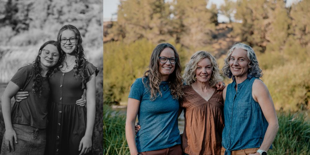 three adult sisters smiling for family photos 